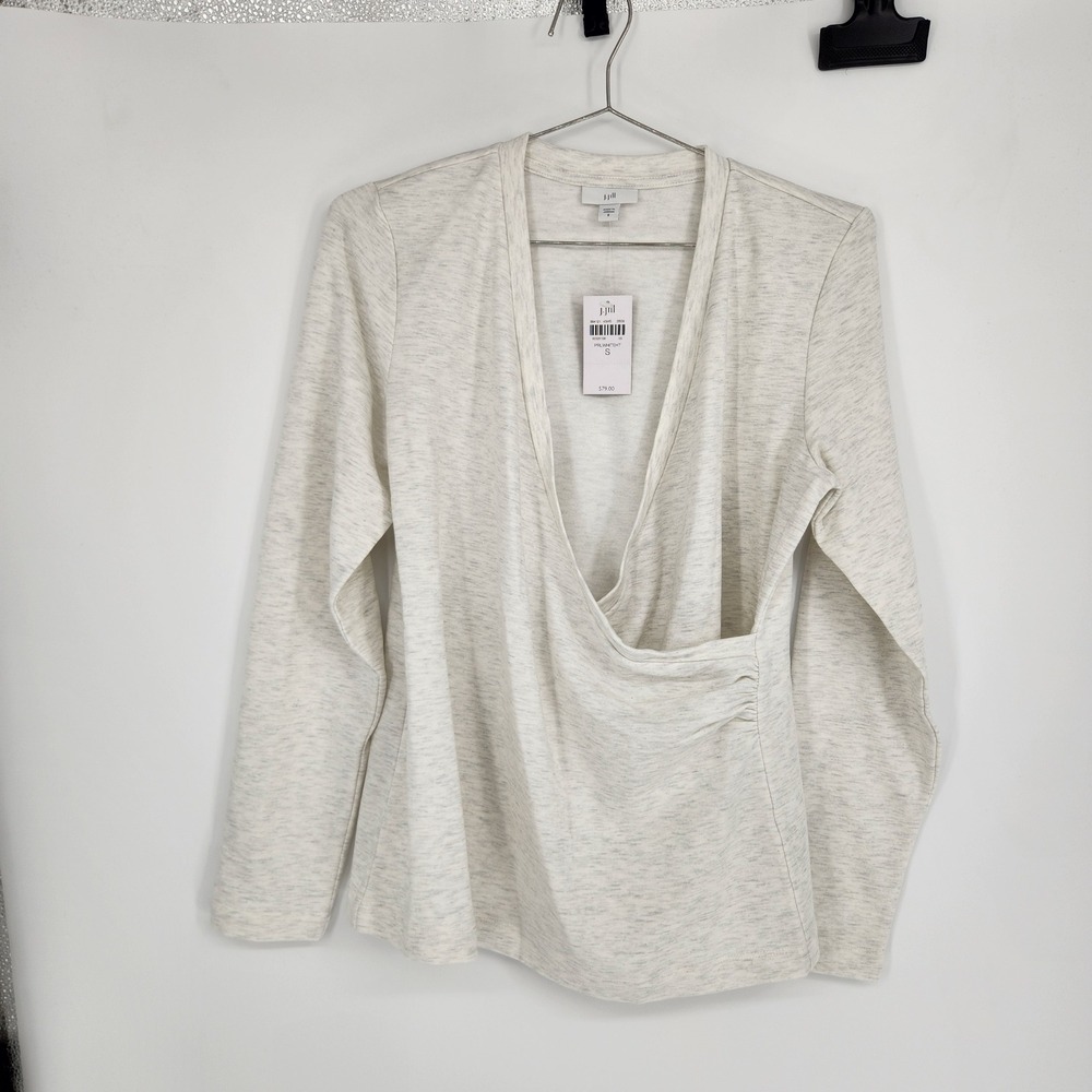 J.Jill Fleece Wrap Top Small Pearl White Heather Long Sleeve Surplice 354121